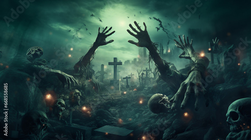 Zombie Hand Rising Out Of A Graveyard In Spooky Night