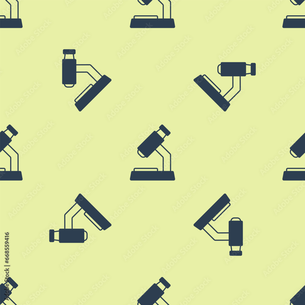 Blue Microscope icon isolated seamless pattern on yellow background. Chemistry, pharmaceutical instrument, microbiology magnifying tool. Vector Blue Microscope icon isolated seamless pattern on yellow background. Chemistry, pharmaceutical instrument, microbiology magnifying tool. Vector