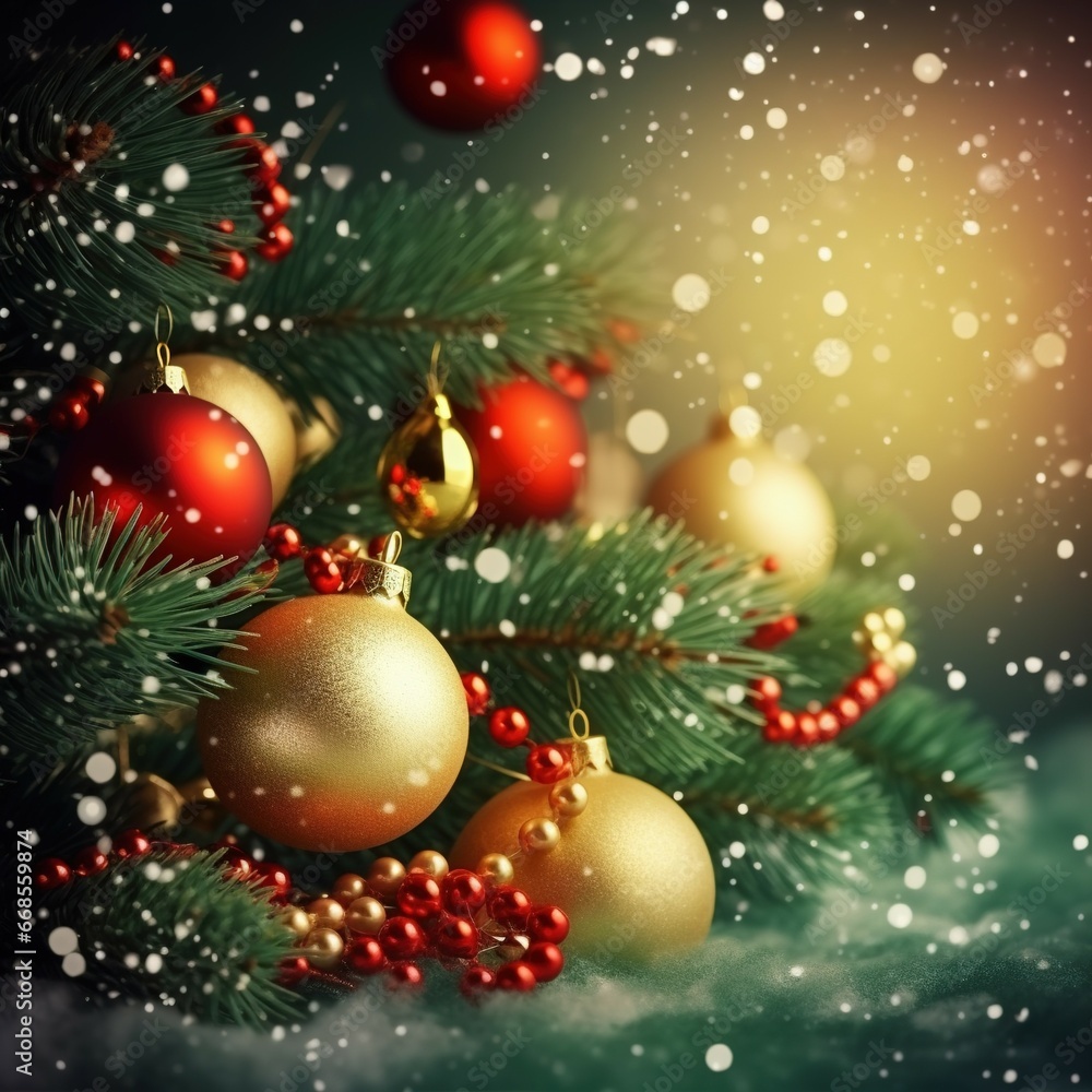 Christmas background design decoration with pine branches adorned with colorful balls with glittering lights.
