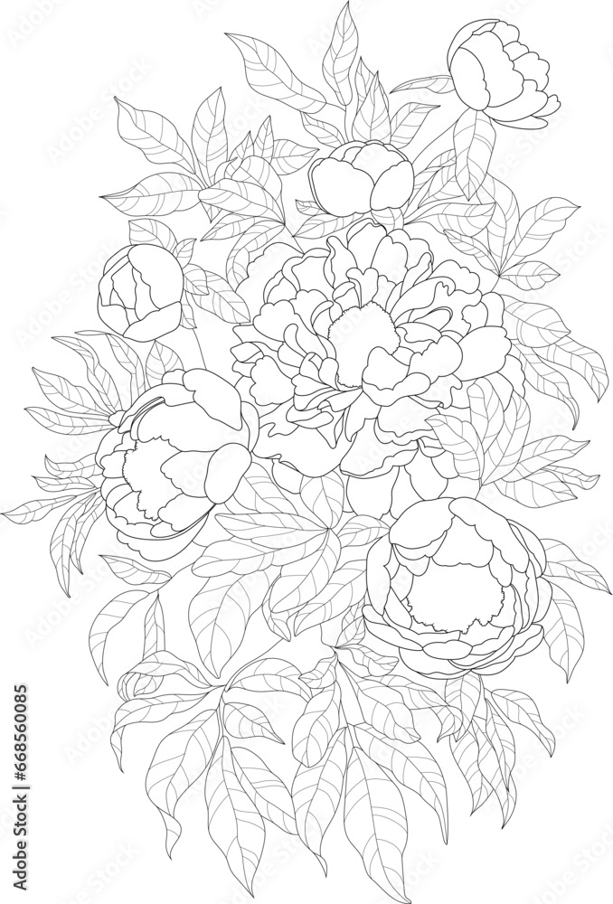 Realistic graphic peony flower bouquet with leaves sketch template. Cartoon vector illustration in black and white for games, background, pattern, decor. Coloring paper, page, story book, print