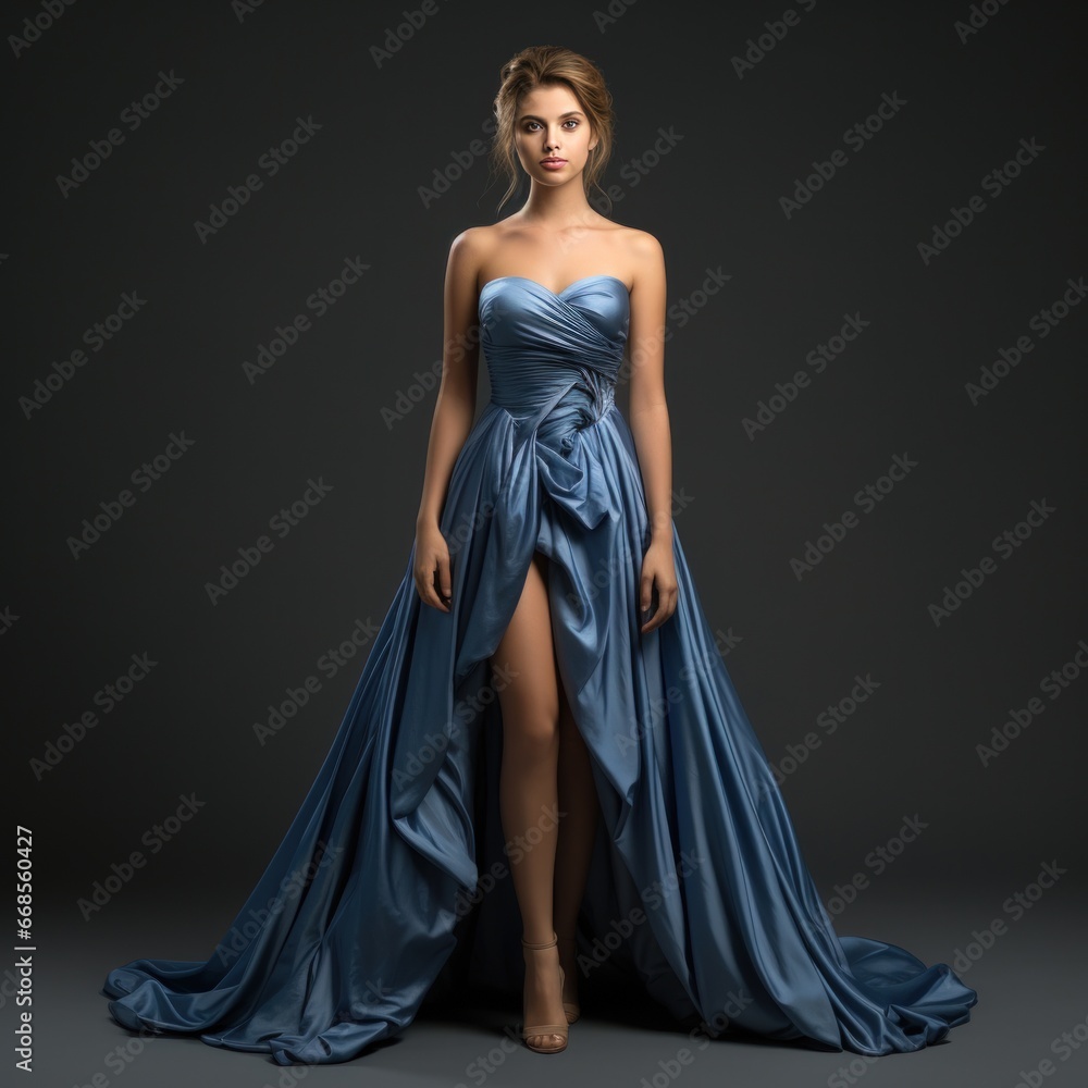 Girl in a beautiful blue long evening dress isolated Girl in a beautiful blue long evening dress isolated