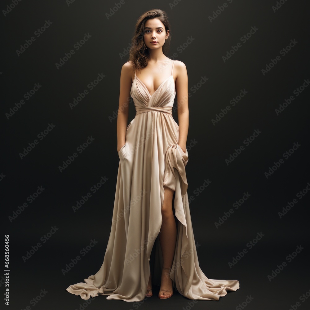 Girl in a beautiful white, beige long evening dress isolated