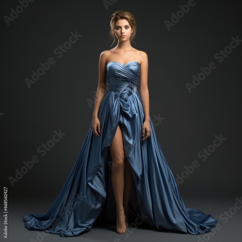 Girl in a beautiful blue long evening dress isolated