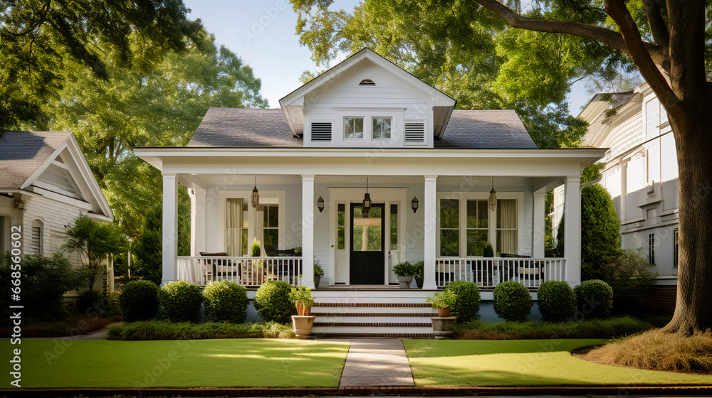 Southern home with inviting front porch and expensive kind. A typical American home. - obrazy, fototapety, plakaty 