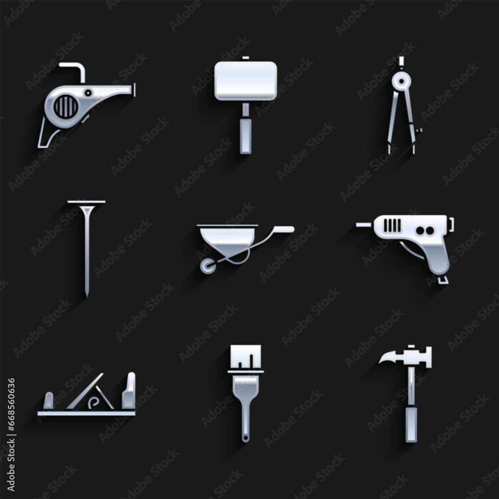 Set Wheelbarrow, Paint brush, Claw hammer, Electric hot glue gun, Wood plane tool, Metallic nail, Drawing compass and Leaf garden blower icon. Vector Set Wheelbarrow, Paint brush, Claw hammer, Electric hot glue gun, Wood plane tool, Metallic nail, Drawing compass and Leaf garden blower icon. Vector