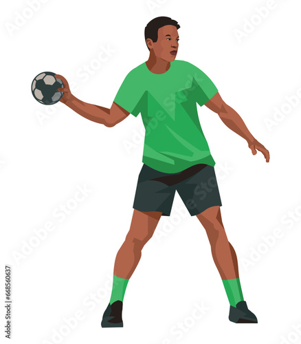 South African handball player in a green sports uniform standing with the ball in the hand