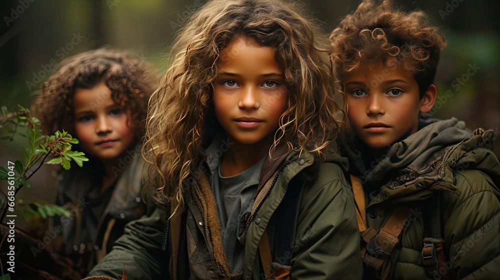 Group of cute kids sitting together in forest and looking at camera. Cute children playing in woods. People portrait illustration. Generative AI Group of cute kids sitting together in forest and looking at camera. Cute children playing in woods. People portrait illustration. Generative AI