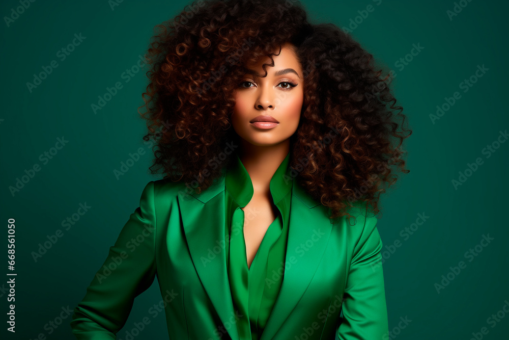 Fototapeta premium Black women with curly Brazilian hair in green suit professional. afroamerican woman. businesswoman. beauty young black