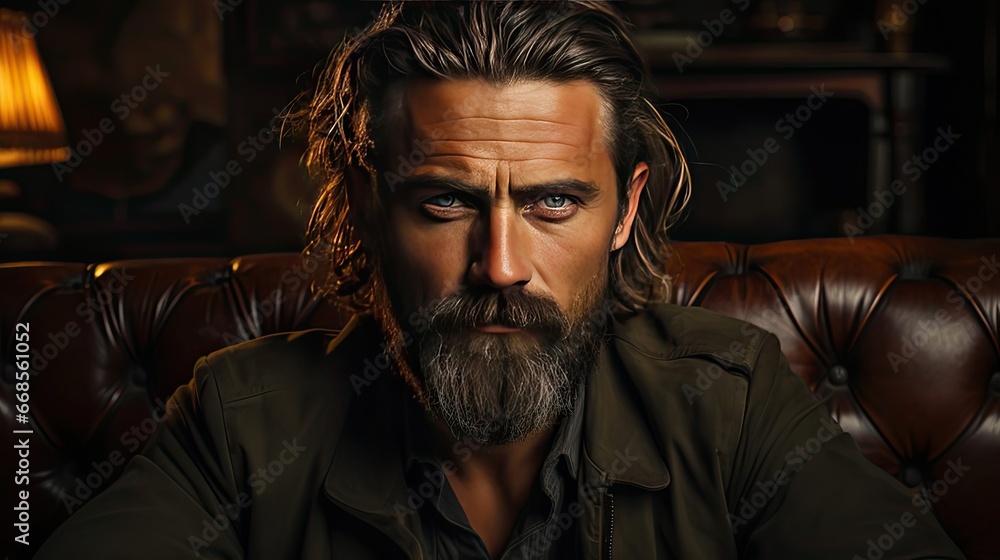 Fototapeta premium An image of a handsome man with a beard. Man face portrait illustration. Generative AI