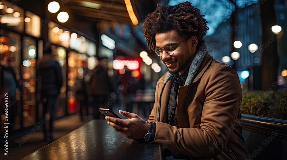 Cheerful caucasian young man student freelancer using digital tablet for social media, e-banking, mobile application, e-learning in background. Man portrait illustration. Generative AI
