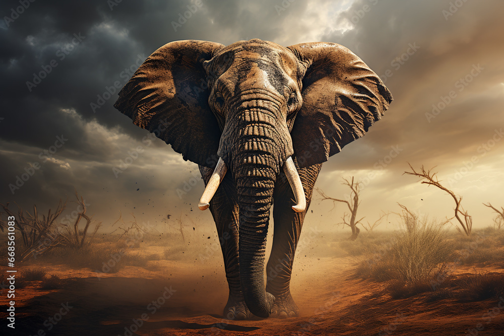 Fototapeta premium Elephant under storm clouds, sky with dramatic lighting