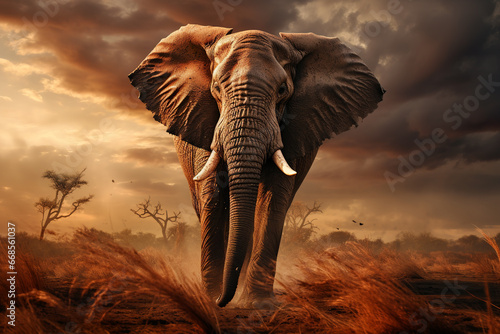 Elephant under storm clouds, sky with dramatic lighting © erika8213