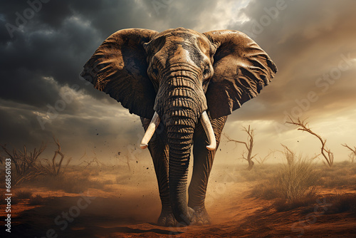 Elephant under storm clouds, sky with dramatic lighting