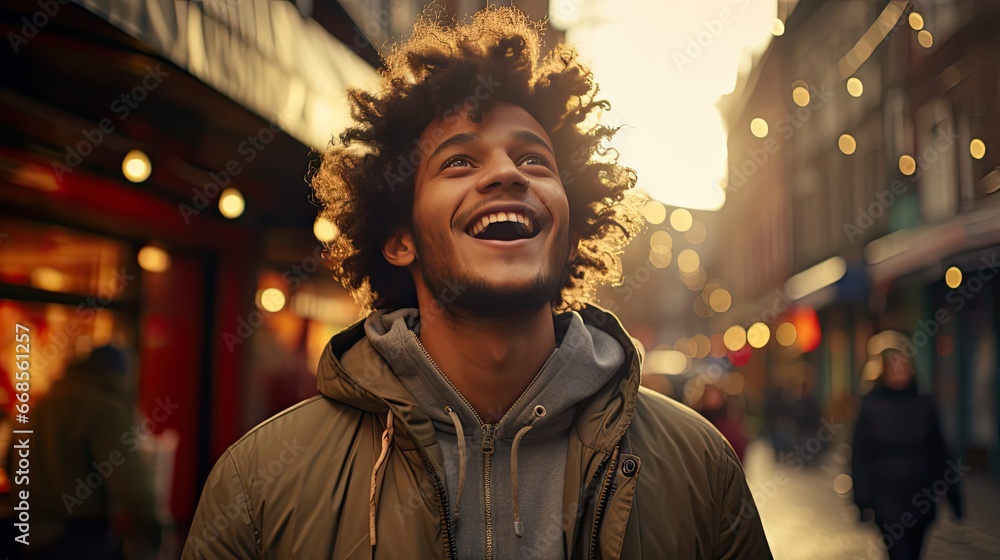 Handsome unshaven young dark-skinned male laughing out loud at funny meme he found on internet, smiling broadly, showing his white straight teeth. Model portrait illustration. Generative AI
