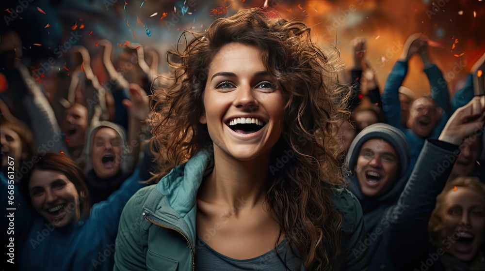 Collage of cheerful excited glad optimistic crowd of different human have toothy beaming smile wear casual clothes over background. Woman portrait illustration. Generative AI