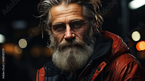 Bearded middle-aged man wearing glasses looking at camera with a serious expression in a close up head and shoulders portrait. Man portrait illustration. Generative AI