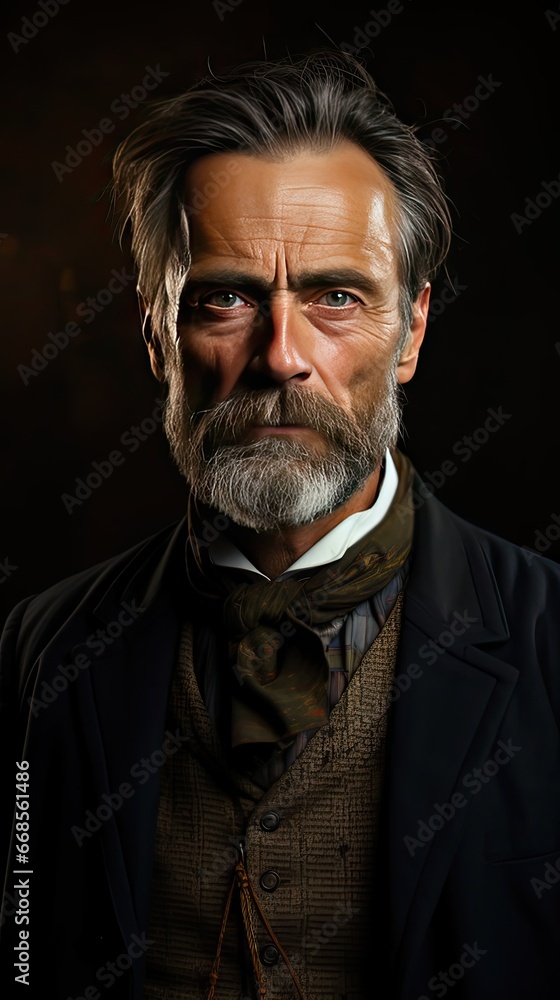 Serious middle-aged man with folded arms and a deadpan expression posing in front of a background Model portrait illustration. Generative AI Serious middle-aged man with folded arms and a deadpan expression posing in front of a background Model portrait illustration. Generative AI