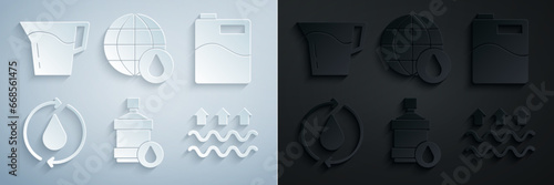 Set Big bottle with clean water, Recycle aqua, Waves of and evaporation, Earth planet in drop and Jug glass icon. Vector