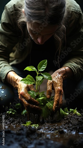 Hands of woman touching leaves taking care of plants. Agriculture plants illustration. Generative AI