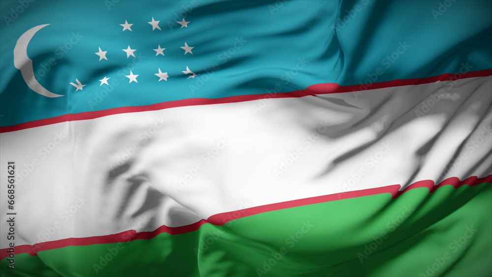 3d illustration flag of Uzbekistan. Close up waving flag of Uzbekistan.
