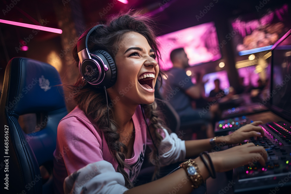 Girl behind the monitor is happy to win an cybersports game competition Girl behind the monitor is happy to win an cybersports game competition
