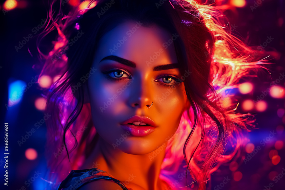 Beautiful young woman with bright makeup and bright lights.