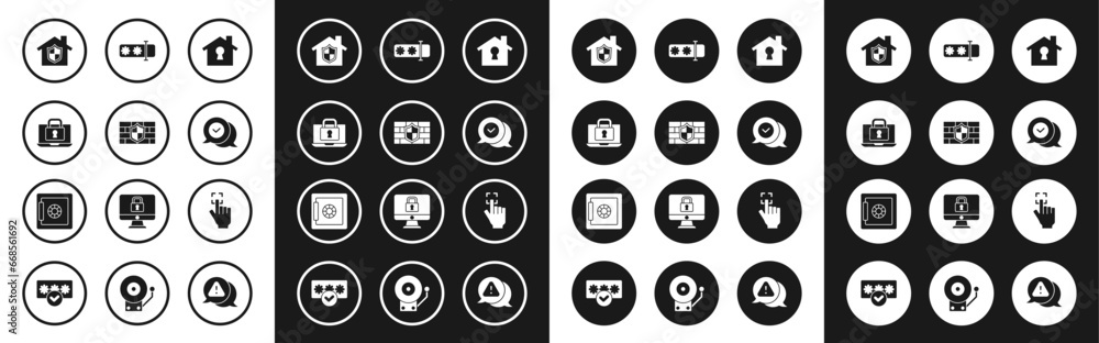 Set House under protection, Shield with brick wall, Laptop and lock, Check mark in speech bubble, Password, Fingerprint and Safe icon. Vector Set House under protection, Shield with brick wall, Laptop and lock, Check mark in speech bubble, Password, Fingerprint and Safe icon. Vector