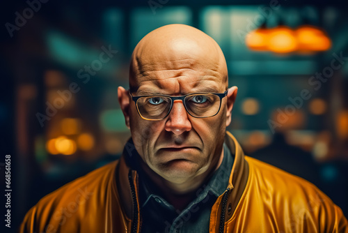 Bald fat man with glasses is looking at the camera.