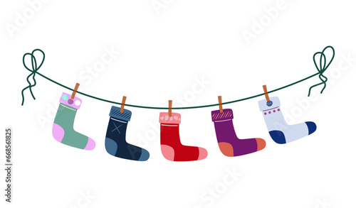 a set of children's socks are dried on a rope. flat vector illustration isolated on white background