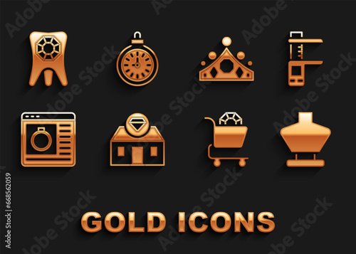 Set Jewelry store, Calliper caliper and scale, Necklace on mannequin, online shopping, King crown, Tooth with diamond and Pocket watch icon. Vector