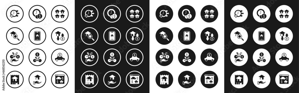 Set Real estate, Online real, Search house, Clock, House with dollar, Time is money, Car rental and Bicycle mobile app icon. Vector Set Real estate, Online real, Search house, Clock, House with dollar, Time is money, Car rental and Bicycle mobile app icon. Vector
