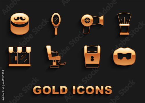Set Barbershop chair, Shaving brush, Mustache and beard, Electric razor blade, building, Hair dryer, Gel wax for styling and Hand mirror icon. Vector