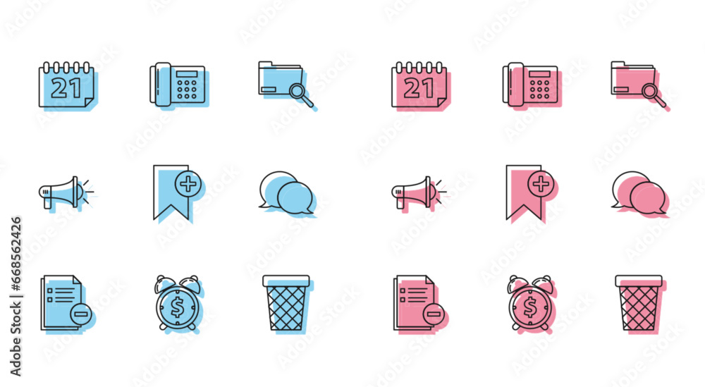 Set line Document with minus, Alarm clock dollar symbol, Calendar, Trash can, Bookmark, Speech bubble chat, Megaphone and Telephone icon. Vector Set line Document with minus, Alarm clock dollar symbol, Calendar, Trash can, Bookmark, Speech bubble chat, Megaphone and Telephone icon. Vector