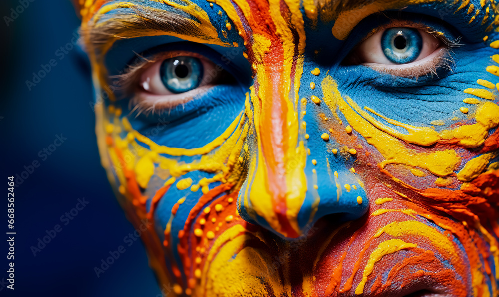 Close up of man with his face painted with multicolored.