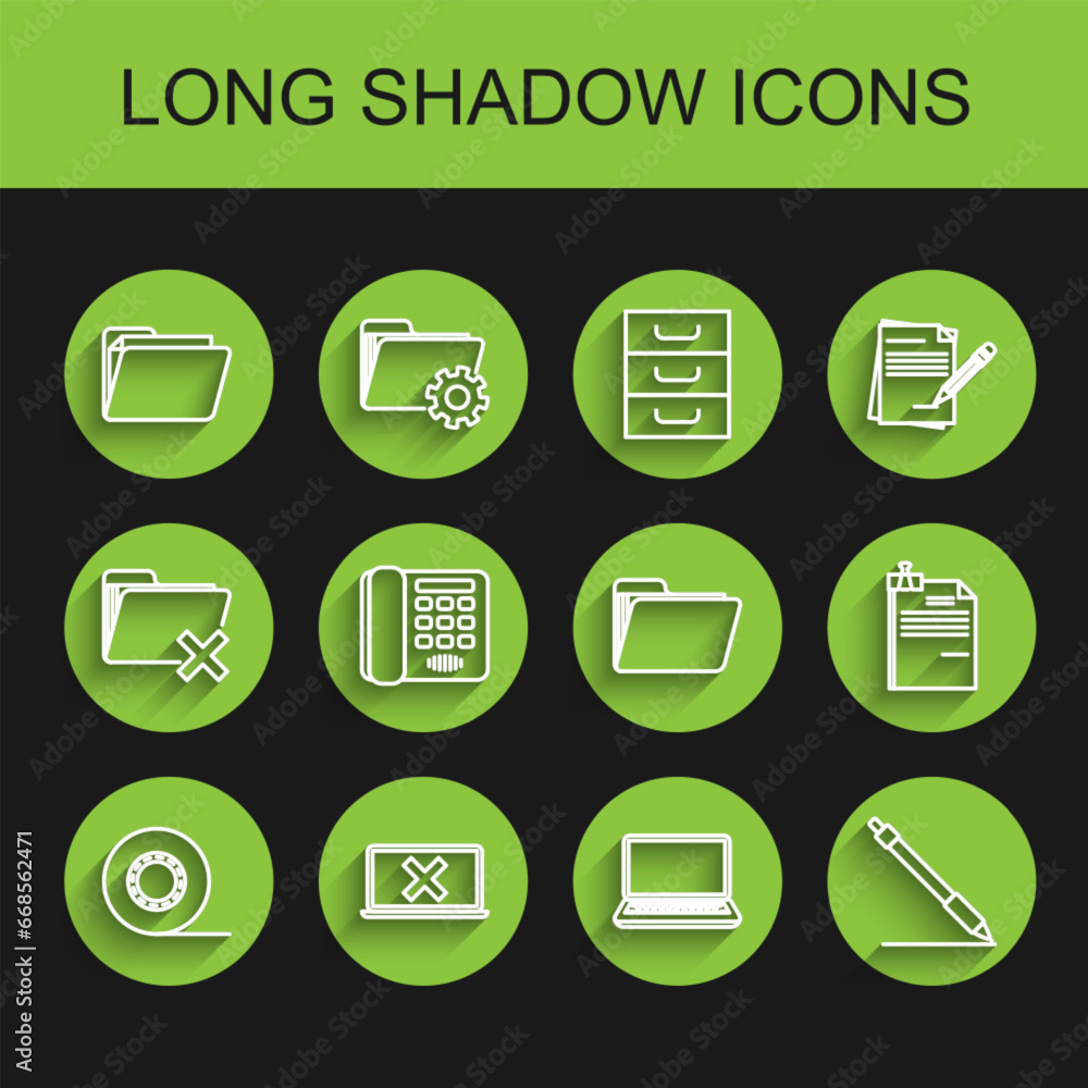 Set line Scotch, Laptop and cross mark on screen, Document folder, Pen line, Telephone, File document binder clip and icon. Vector Set line Scotch, Laptop and cross mark on screen, Document folder, Pen line, Telephone, File document binder clip and icon. Vector