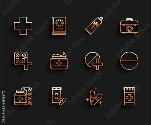 Set line Medicine bottle and pills, Cross hospital medical, or tablet, Ointment cream tube medicine, and icon. Vector