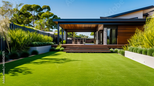 Contemporary lawn turf with landscaping in front yard.