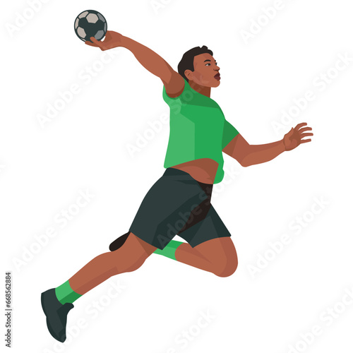South African high-jumping professional handball player in a green sports uniform who flies in a jump and throws the ball 