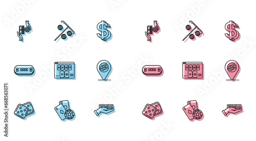 Set line Game dice, Casino chip and playing cards, chips exchange on stacks of dollars, Hand holding deck, Online poker table game, location, Poker and Stick for icon. Vector