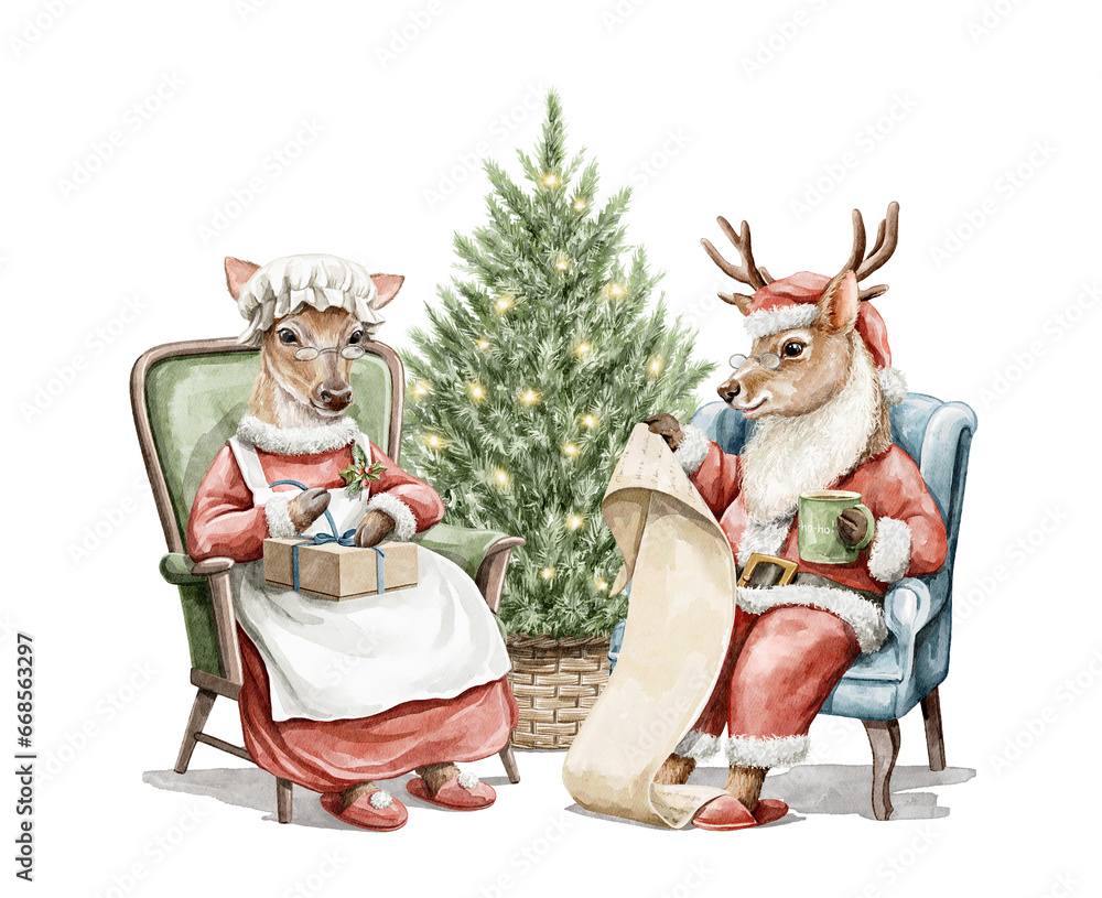 Watercolor Christmas vintage Santa deer and his wife in clothes pack gifts in armchair near christmas tree isolated on white background. Hand drawn illustration sketch