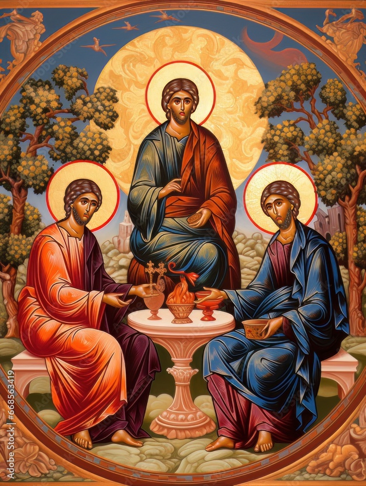 Orthodox icon The Old Testament Trinity style, oil illustration AI