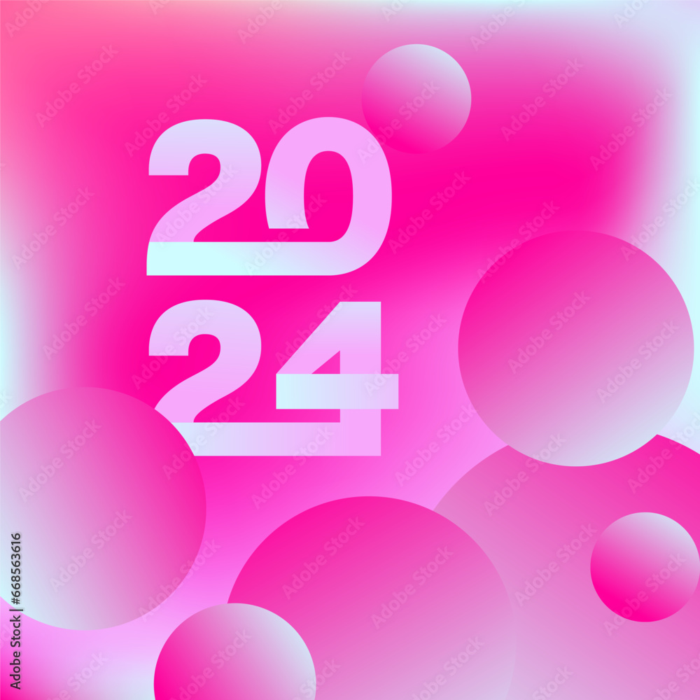 Beautiful flat poster with 2024 on colorful background for concept design. Flat poster with pink gradient. Vector illustration square shape. Trendy abstract font on colorful circles Beautiful flat poster with 2024 on colorful background for concept design. Flat poster with pink gradient. Vector illustration square shape. Trendy abstract font on colorful circles
