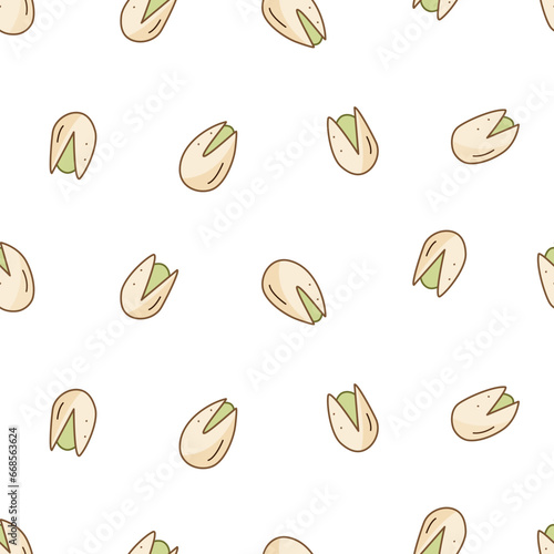Seamless pattern pistachios icon cartoon doodle. Vector illustration background of snacks salted nuts in a shell.