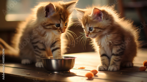 Kittens eat feeder