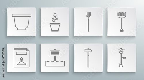 Set line A pack full of seeds of a specific plant, Plant in pot, Blank wooden sign board, Hammer, Grass and weed electric string trimmer, Garden pitchfork, rake and Flower icon. Vector