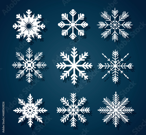 White snowflakes on a blue background for winter design. Christmas and New Year elements concept. Vector snowflakes. Snowflakes in flat style. Holiday wallpaper