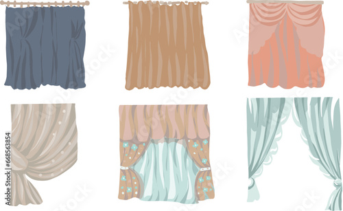 Curtains hand drawn cartoon cute sketch drawing colored set of individual elements on a white background. Interior, room decoration, window framing, tulle fabrics