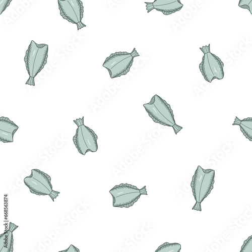 Seamless pattern Halibut drawing doodle of a headless fish. Vector illustration background of founder of raw or dried fish, seafood.