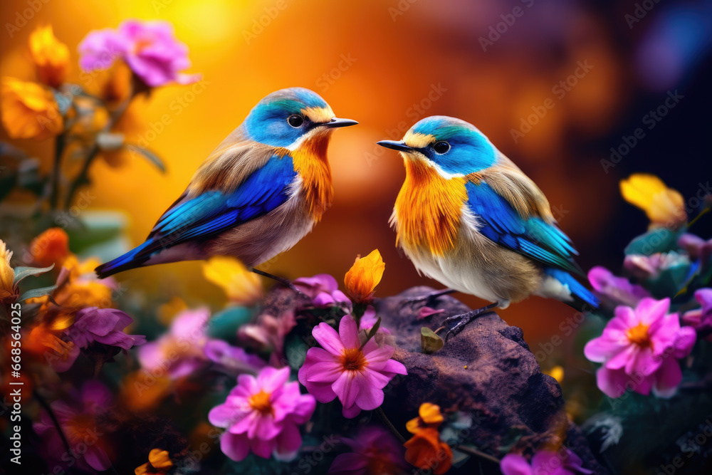 birds laying on a flower branch with blurred background