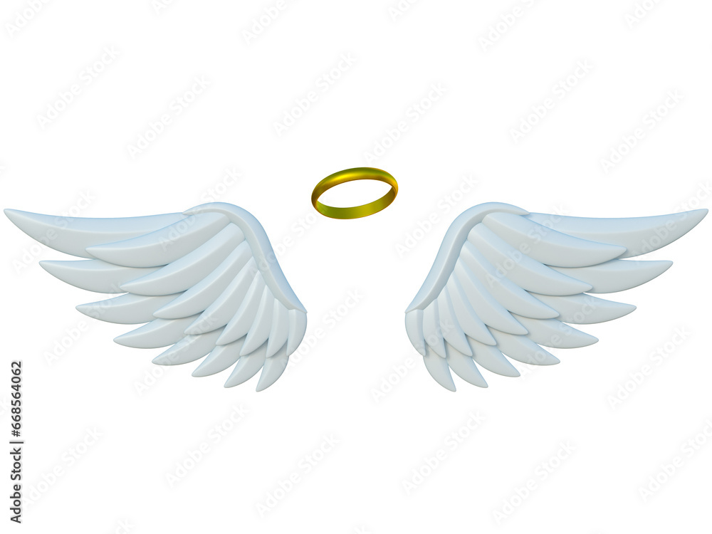Angel wings and golden halo 3d rendering - obrazy, fototapety, plakaty 